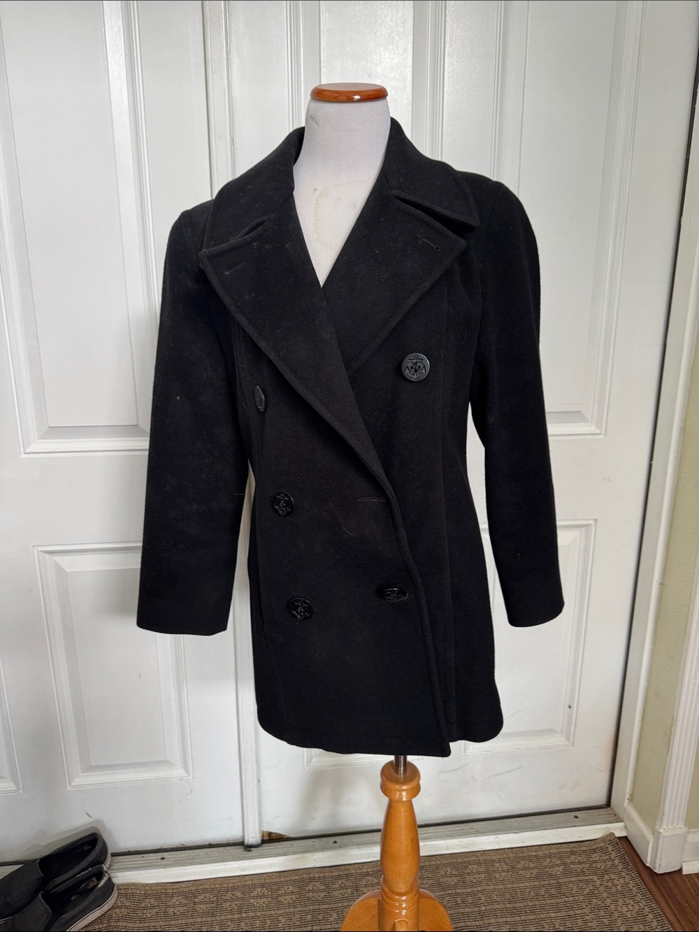 Women's Black Double-Breasted Peacoat, Jones New York, Black